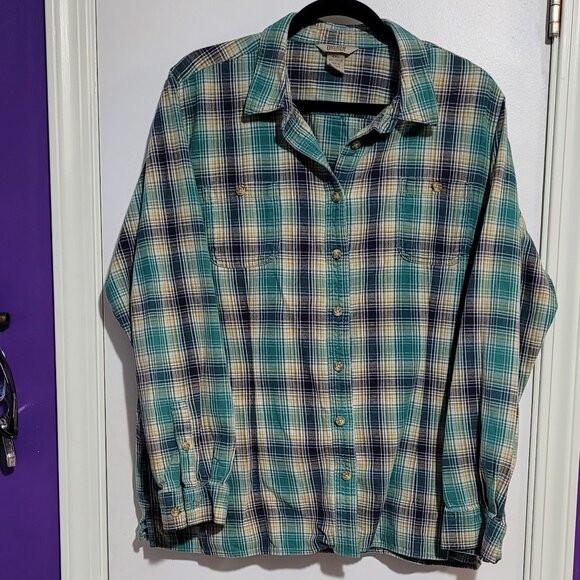 DULUTH TRADING COZY WOMEN'S BLUE YELLOW COTTON PLAID FLANNEL EUC 2X XXL - Picture 2 of 8